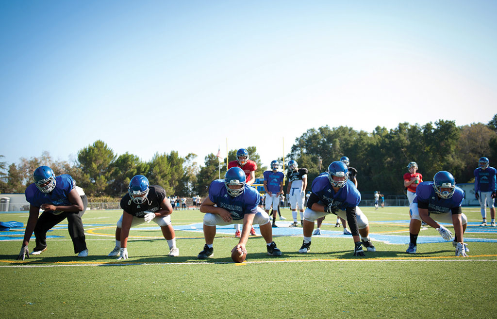 PaliHi’s offensive line practices for its season opener on August 26. Left to right, Syr Riley, Jimmy Reyes, Gage Stauff, Cole Aragon and Brandon Castro.