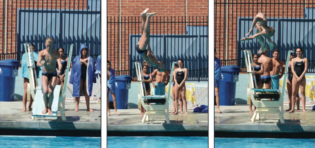 Asa Tatro maintains his focus as he practices a dive at the Maggie Gilbert Aquatic Center at Palisades High School. Tatro gains points from dives that includes twists and somersaults in the tuck and pike postions.