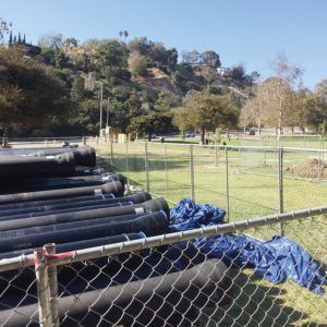 Construction material to be used for Phase II of the Temescal Stormwater Project is near the playground in lower Temescal Canyon.